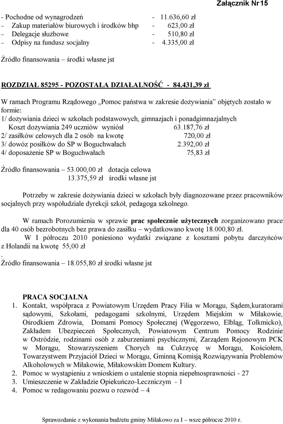 431,39 zł W ramach Programu Rządowego Pomoc państwa w zakresie dożywiania objętych zostało w formie: 1/ dożywiania dzieci w szkołach podstawowych, gimnazjach i ponadgimnazjalnych Koszt dożywiania 249