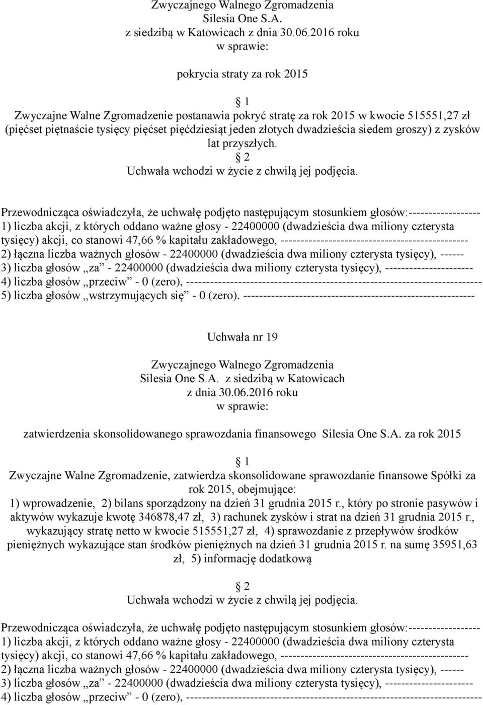 Uchwała nr 19 z siedzibą w Katowicach zatwierdzenia skonsolidowanego sprawozdania finansowego za rok 2015 Zwyczajne Walne Zgromadzenie, zatwierdza skonsolidowane sprawozdanie finansowe Spółki za rok