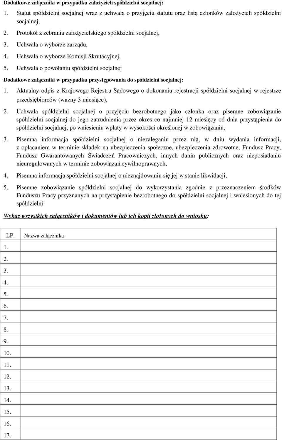 Uchwała o powołaniu spółdzielni socjalnej Dodatkowe załączniki w przypadku przystępowania do spółdzielni socjalnej: 1.
