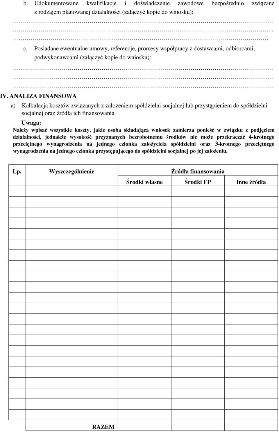 ANALIZA FINANSOWA a) Kalkulacja kosztów związanych z założem spółdzielni socjalnej lub przystąpiem do spółdzielni socjalnej oraz źródła ich finansowania Uwaga: Należy wpisać wszystkie koszty, jakie