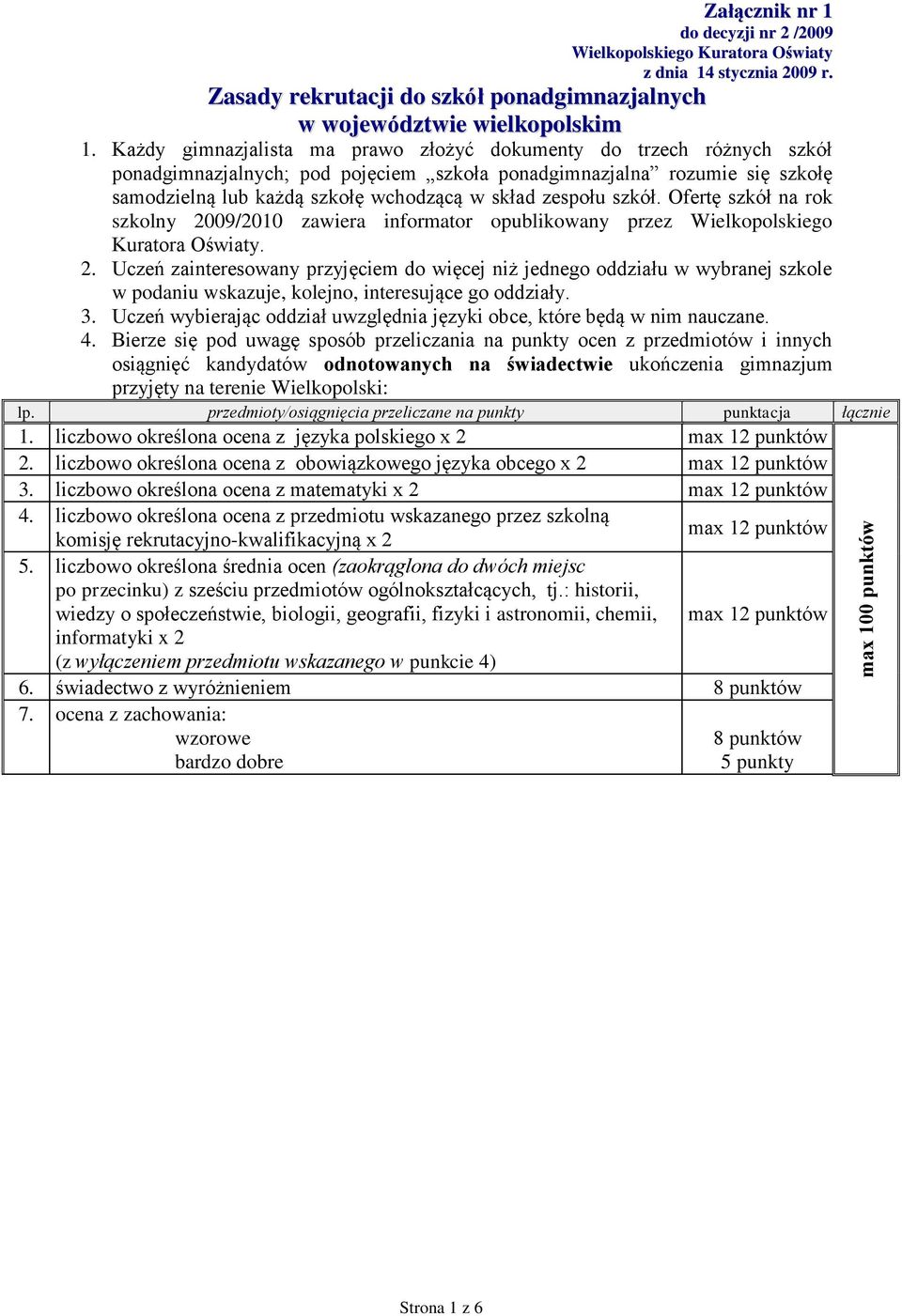 zespołu szkół. Ofertę szkół na rok szkolny 2009/2010 zawiera informator opublikowany przez Wielkopolskiego Kuratora Oświaty. 2. Uczeń zainteresowany przyjęciem do więcej niż jednego oddziału w wybranej szkole w podaniu wskazuje, kolejno, interesujące go oddziały.