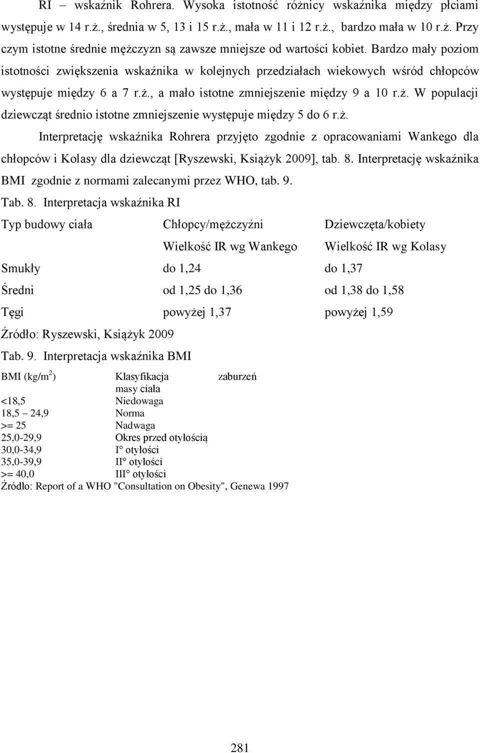 , a mało istotne zmniejszenie między 9 a 10 r.ż. W populacji dziewcząt średnio istotne zmniejszenie występuje między 5 do 6 r.ż. Interpretację wskaźnika Rohrera przyjęto zgodnie z opracowaniami Wankego dla chłopców i Kolasy dla dziewcząt [Ryszewski, Książyk 2009], tab.