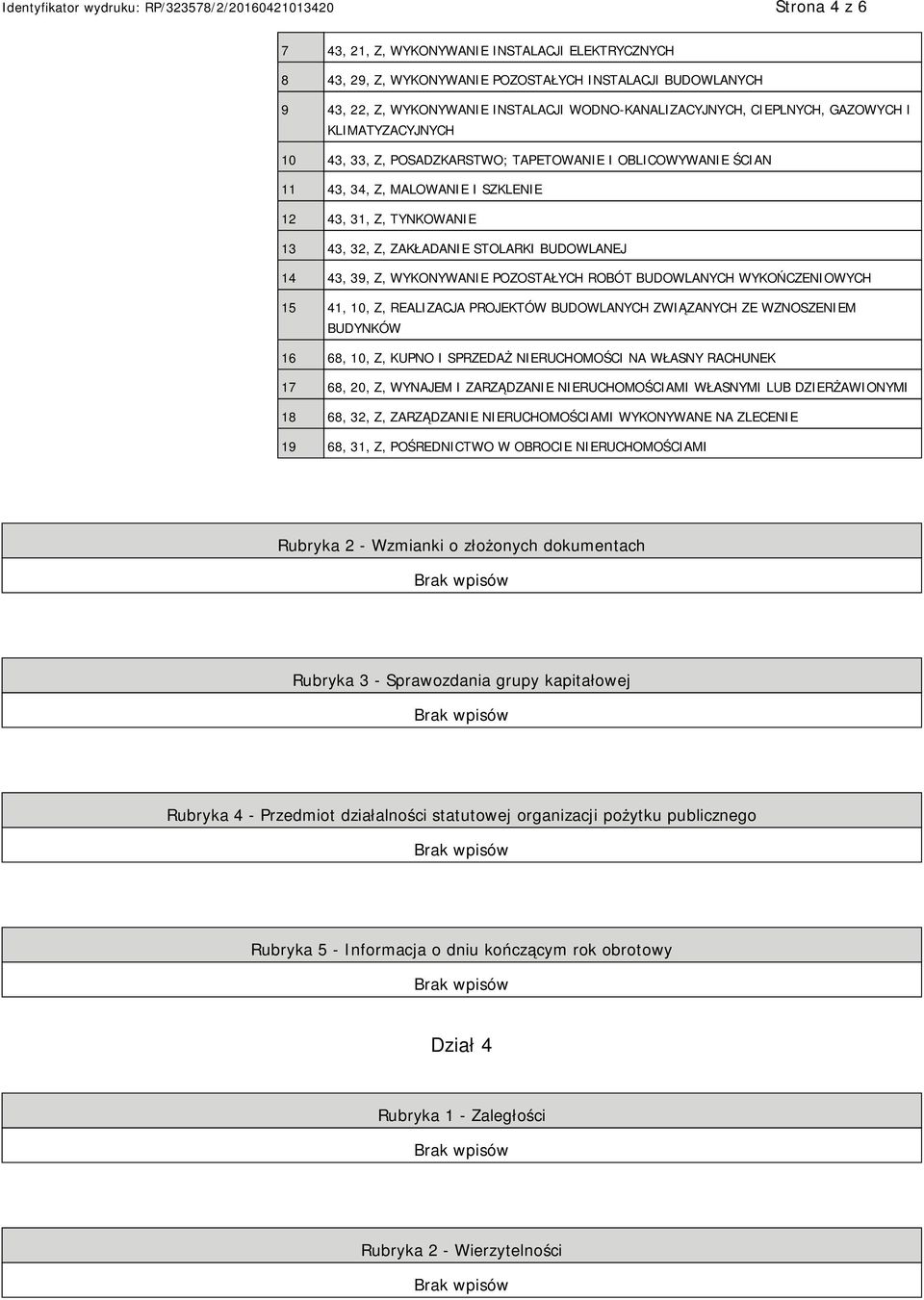 43, 39, Z, WYKONYWANIE POZOSTAŁYCH ROBÓT BUDOWLANYCH WYKOŃCZENIOWYCH 15 41, 10, Z, REALIZACJA PROJEKTÓW BUDOWLANYCH ZWIĄZANYCH ZE WZNOSZENIEM BUDYNKÓW 16 68, 10, Z, KUPNO I SPRZEDAŻ NIERUCHOMOŚCI NA