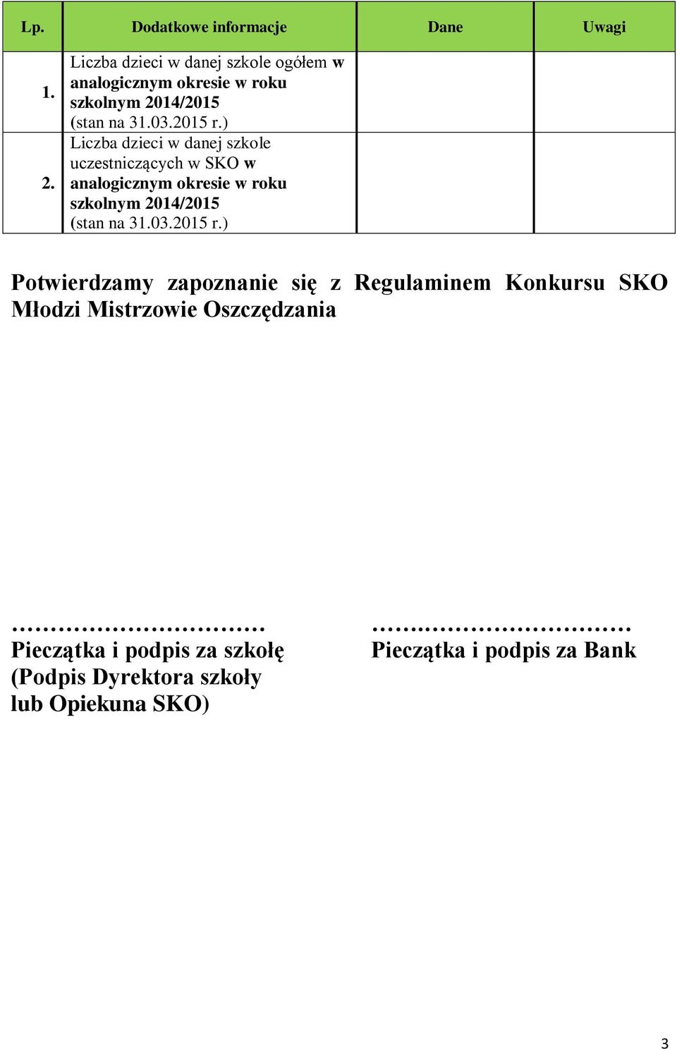 ) Liczba dzieci w danej szkole uczestniczących w SKO w analogicznym okresie w roku szkolnym 2014/2015 (stan na 31.
