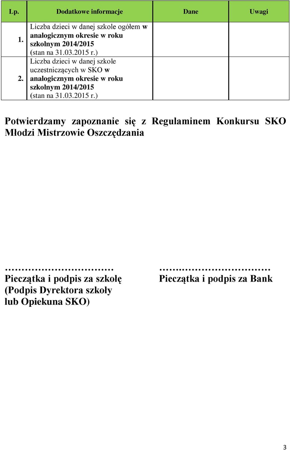 ) Liczba dzieci w danej szkole uczestniczących w SKO w analogicznym okresie w roku szkolnym 2014/2015 (stan na 31.