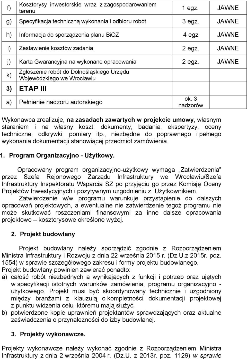 JAWNE k) Zgłoszenie robót do Dolnośląskiego Urzędu Wojewódzkiego we Wrocławiu 3) ETAP III a) Pełnienie nadzoru autorskiego ok.
