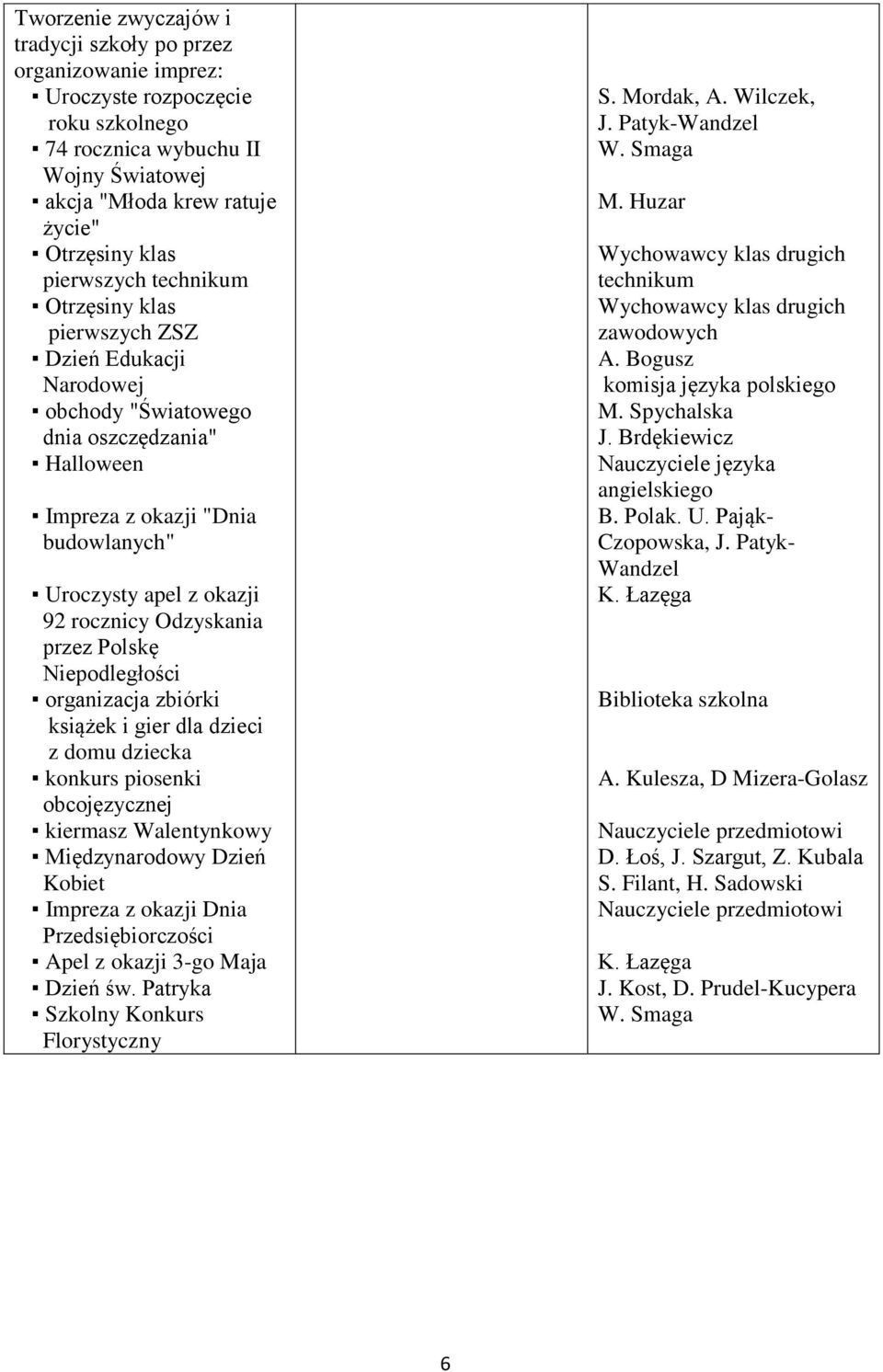 Odzyskania przez Polskę Niepodległości organizacja zbiórki książek i gier dla dzieci z domu dziecka konkurs piosenki obcojęzycznej kiermasz Walentynkowy Międzynarodowy Dzień Kobiet Impreza z okazji