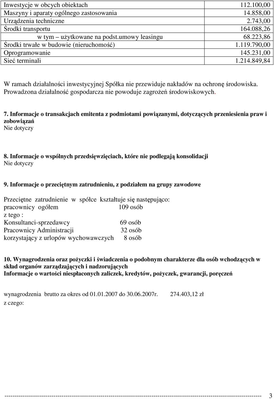 849,84 W ramach działalności inwestycyjnej Spółka nie przewiduje nakładów na ochronę środowiska. Prowadzona działalność gospodarcza nie powoduje zagroŝeń środowiskowych. 7.