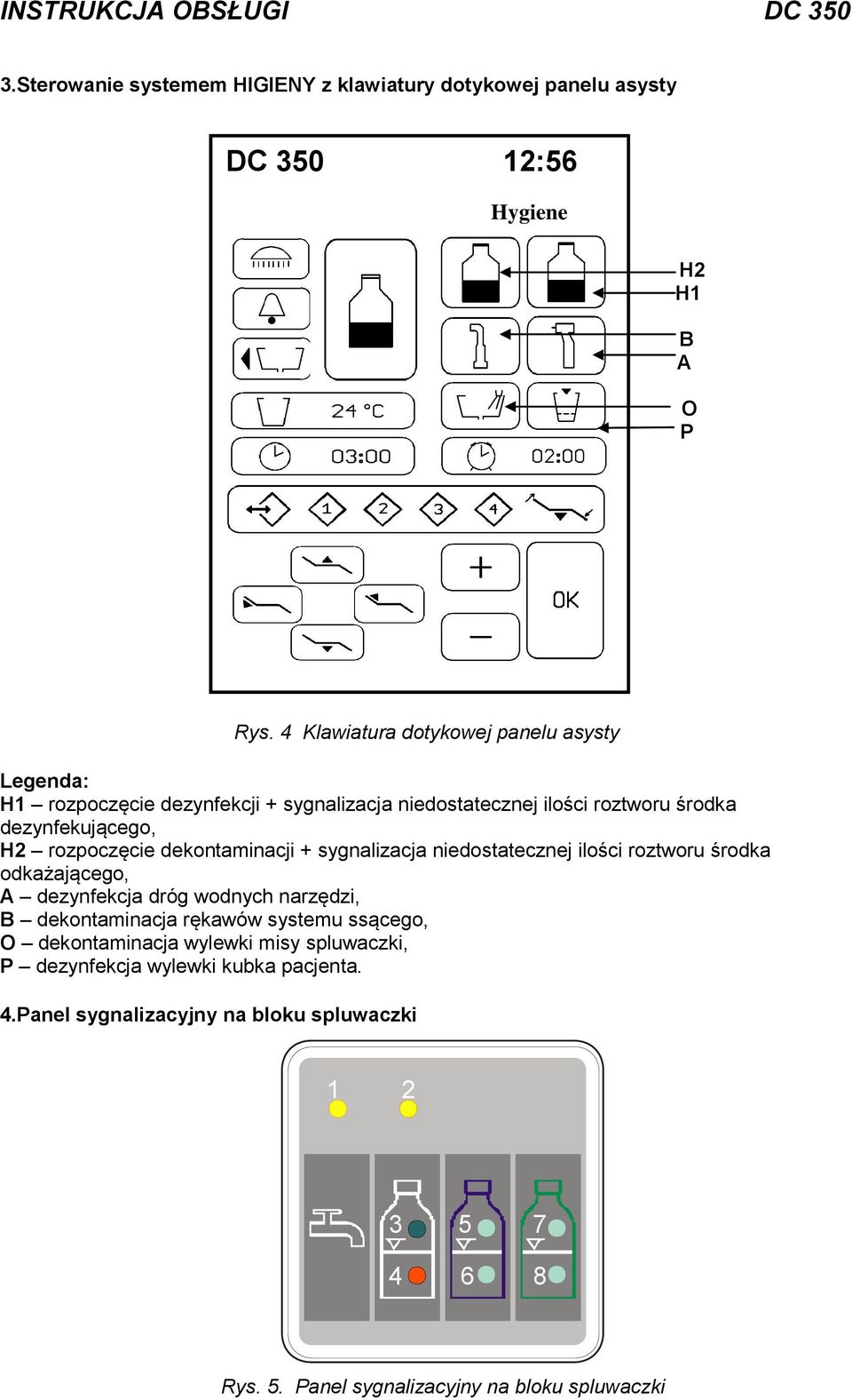 rozpoczęcie dekontaminacji + sygnalizacja niedostatecznej ilości roztworu środka odkażającego, A dezynfekcja dróg wodnych narzędzi, B dekontaminacja rękawów
