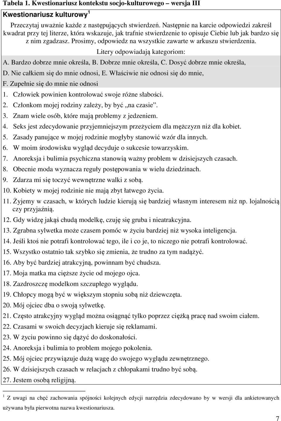 Prosimy, odpowiedz na wszystkie zawarte w arkuszu stwierdzenia. Litery odpowiadają kategoriom: A. Bardzo dobrze mnie określa, B. Dobrze mnie określa, C. Dosyć dobrze mnie określa, D.