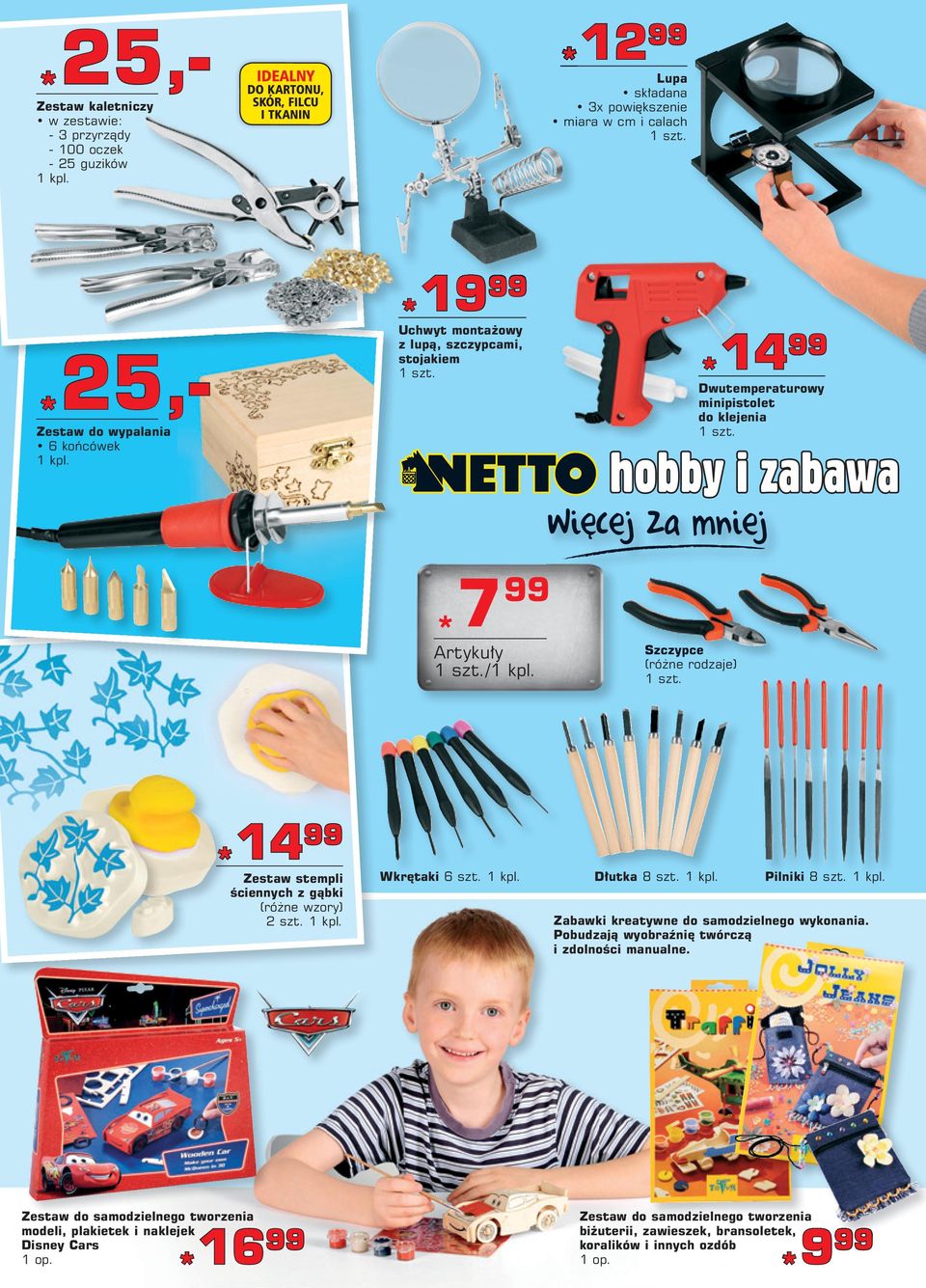 gąbki (różne wzory) 2 szt. Wkrętaki 6 szt. Dłutka 8 szt. Pilniki 8 szt. Zabawki kreatywne do samodzielnego wykonania. Pobudzają wyobraźnię twórczą i zdolności manualne.