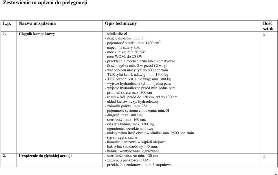 /min - TUZ tylni kat. I, udźwig: min. 400 kg - TUZ przedni kat. I, udźwig: min. 300 kg - wyjście hydrauliczne tył min. jedna para - wyjście hydrauliczne przód min. jedna para - promień skrętu max.