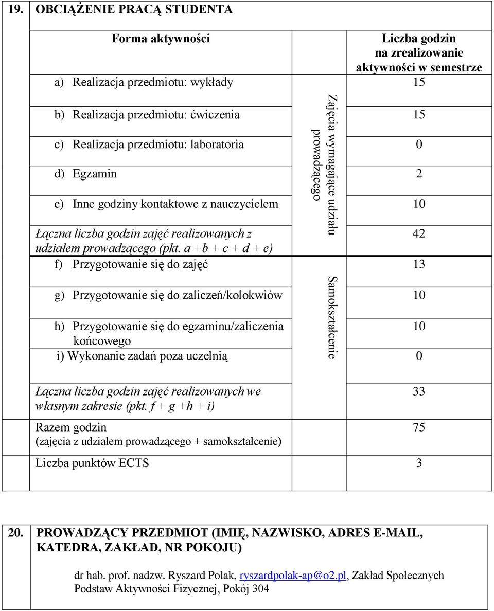 Egzamin 2 e) Inne godziny kontaktowe z nauczycielem 10 Łączna liczba godzin zajęć realizowanych z udziałem prowadzącego (pkt.