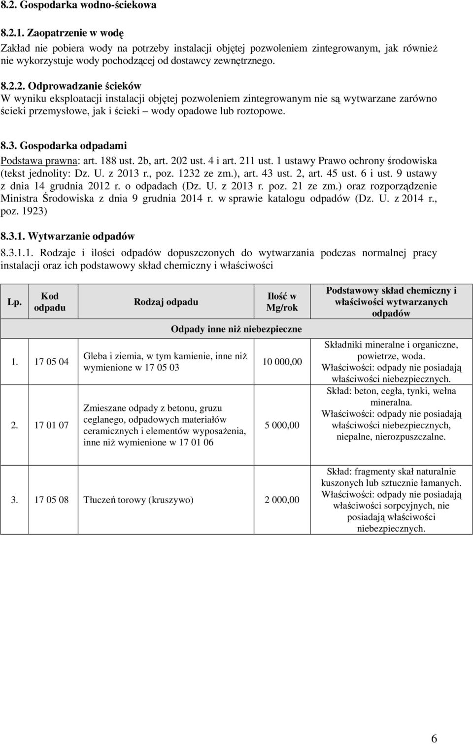 2. Odprowadzanie ścieków W wyniku eksploatacji instalacji objętej pozwoleniem zintegrowanym nie są wytwarzane zarówno ścieki przemysłowe, jak i ścieki wody opadowe lub roztopowe. 8.3.