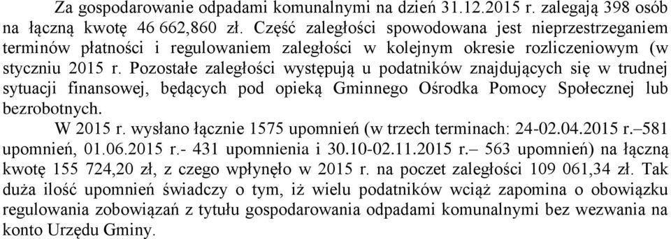 Pozostałe zaległości występują u podatników znajdujących się w trudnej sytuacji finansowej, będących pod opieką Gminnego Ośrodka Pomocy Społecznej lub bezrobotnych. W 2015 r.