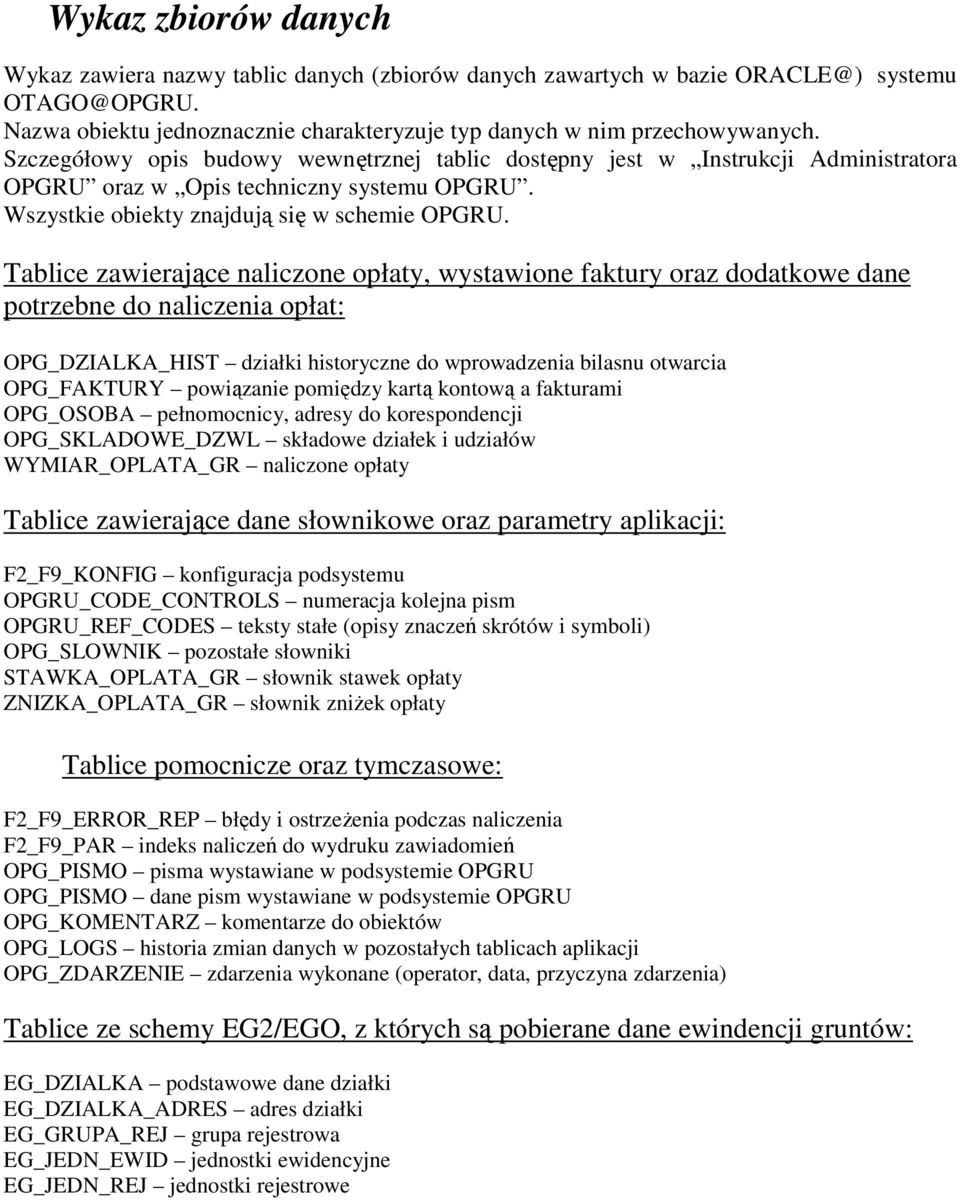 Tablice zawierające naliczone opłaty, wystawione faktury oraz dodatkowe dane potrzebne do naliczenia opłat: OPG_DZIALKA_HIST działki historyczne do wprowadzenia bilasnu otwarcia OPG_FAKTURY