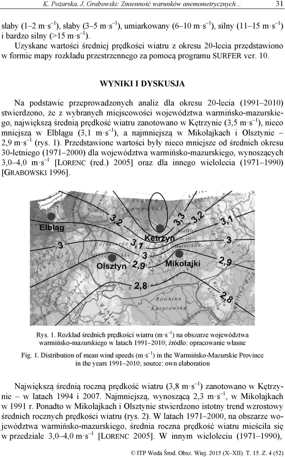 YNIKI I DYSKUSJA Na podstawie przeprowadzonych analiz dla okresu 20-lecia (1991 2010) stwierdzono, że z wybranych miejscowości województwa warmińsko-mazurskiego, największą średnią prędkość wiatru