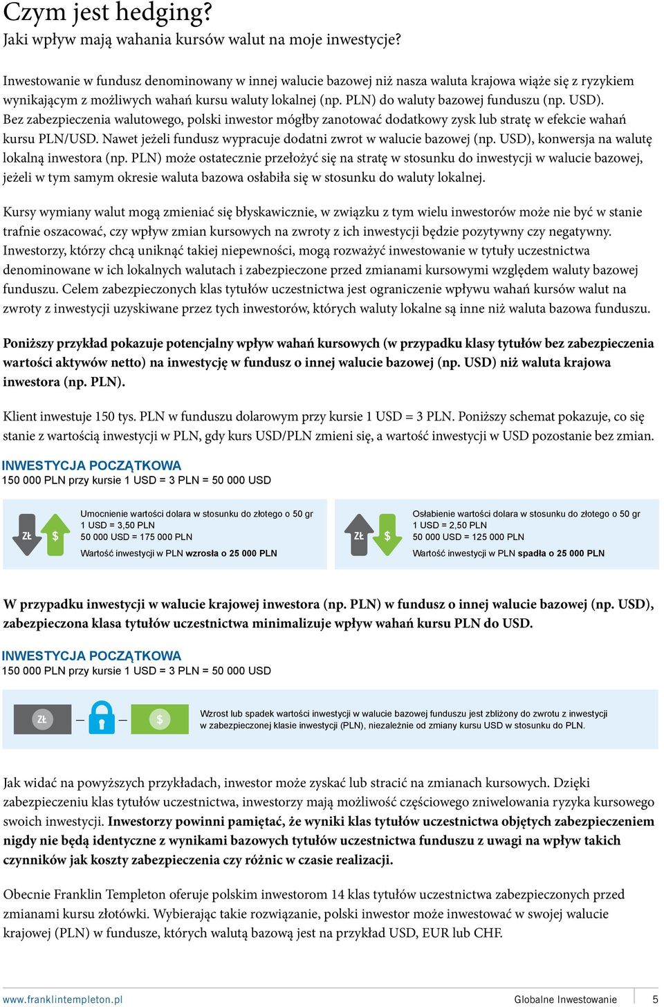 USD). Bez zabezpieczenia walutowego, polski inwestor mógłby zanotować dodatkowy zysk lub stratę w efekcie wahań kursu PLN/USD. Nawet jeżeli fundusz wypracuje dodatni zwrot w walucie bazowej (np.