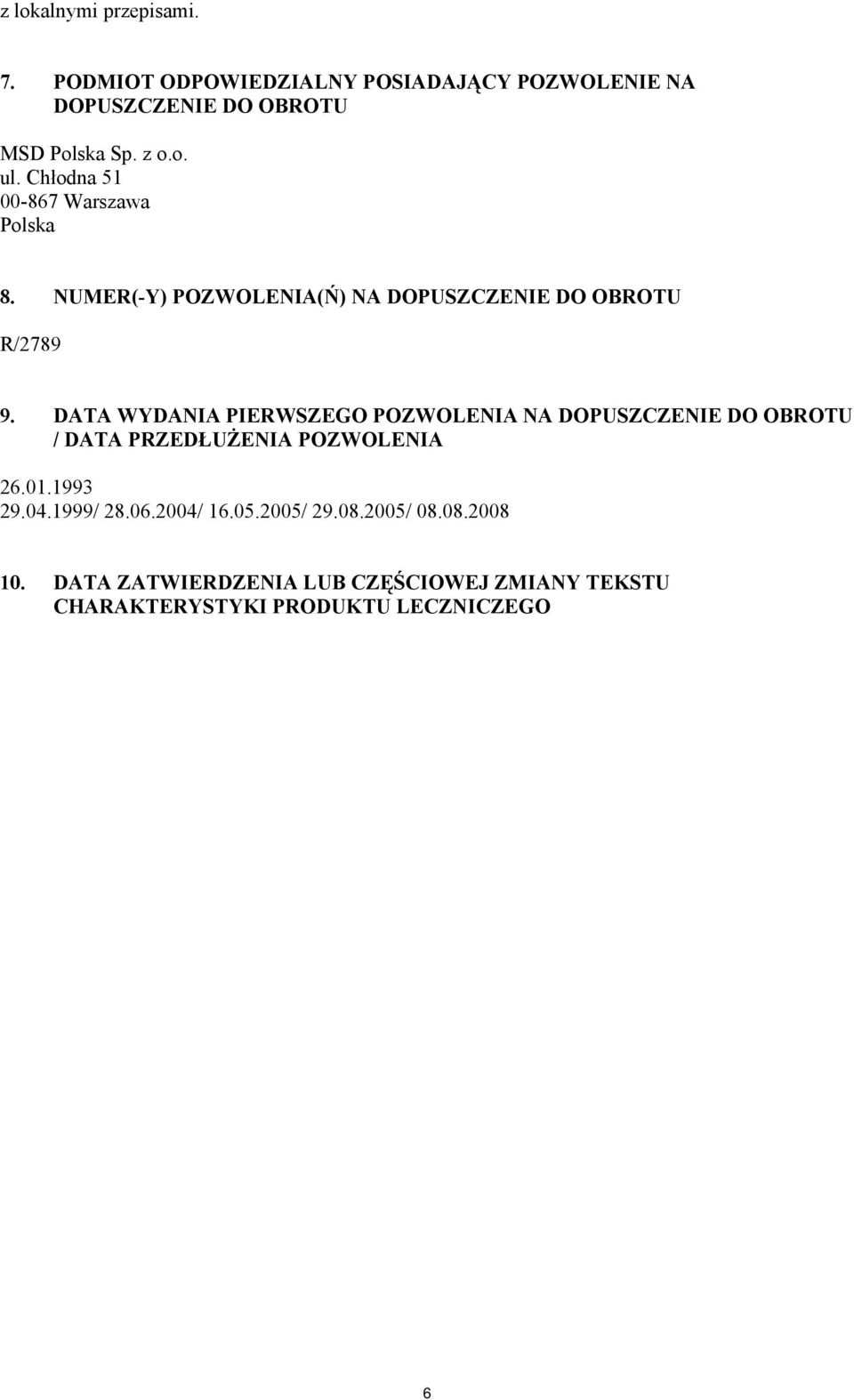 DATA WYDANIA PIERWSZEGO POZWOLENIA NA DOPUSZCZENIE DO OBROTU / DATA PRZEDŁUŻENIA POZWOLENIA 26.01.1993 29.04.1999/ 28.