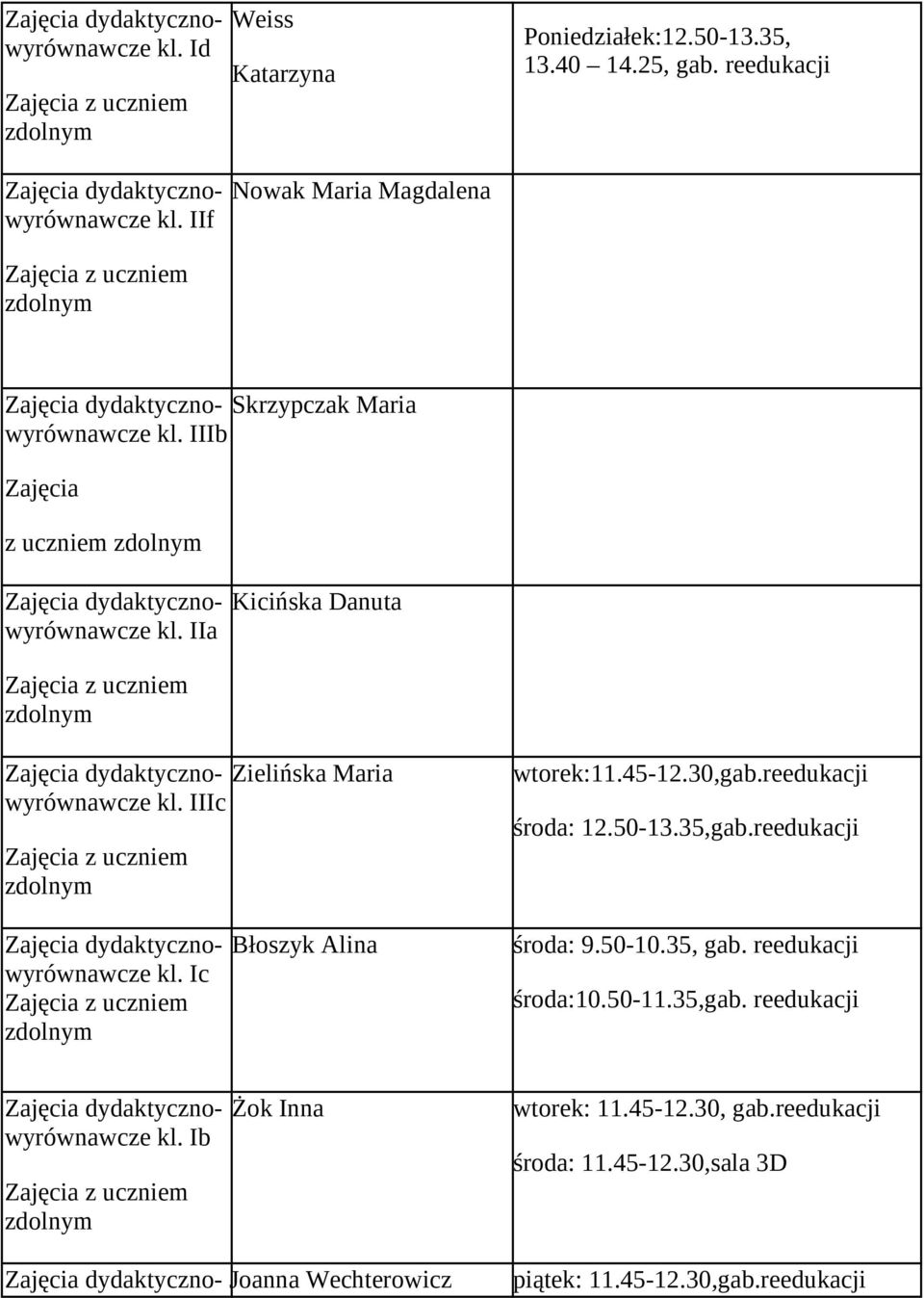 reedukacji środa: 12.50-13.35,gab.reedukacji kl. Ic Błosyk Alina środa: 9.50-10.35, gab. reedukacji środa:10.50-11.35,gab. reedukacji kl.