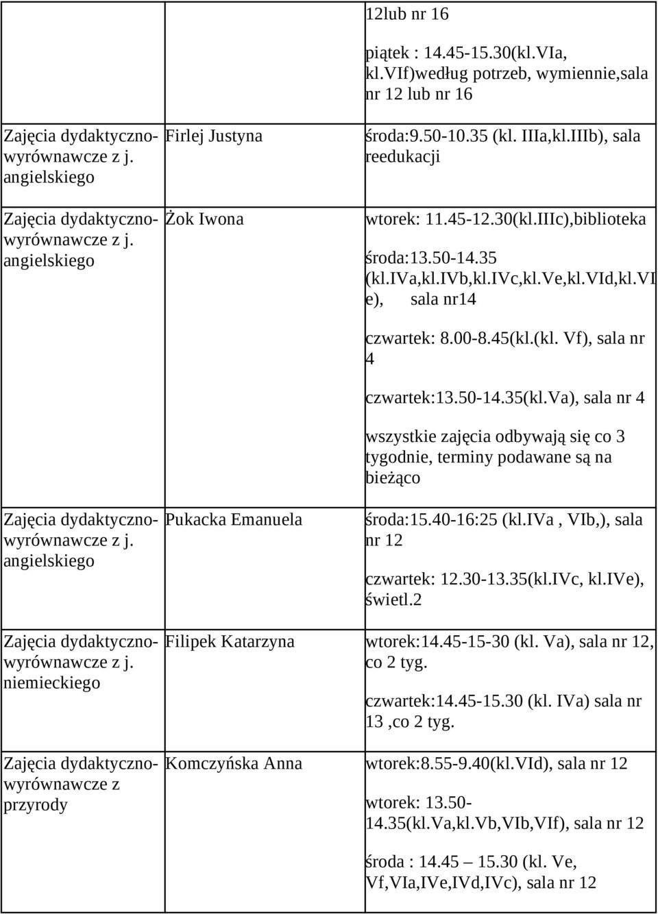 50-14.35(kl.va), sala nr 4 wsystkie ajęcia odbywają się co 3 tygodnie, terminy podawane są na bieżąco środa:15.40-16:25 (kl.iva, VIb,), sala nr 12 cwartek: 12.30-13.35(kl.IVc, kl.ive), świetl.2 j.