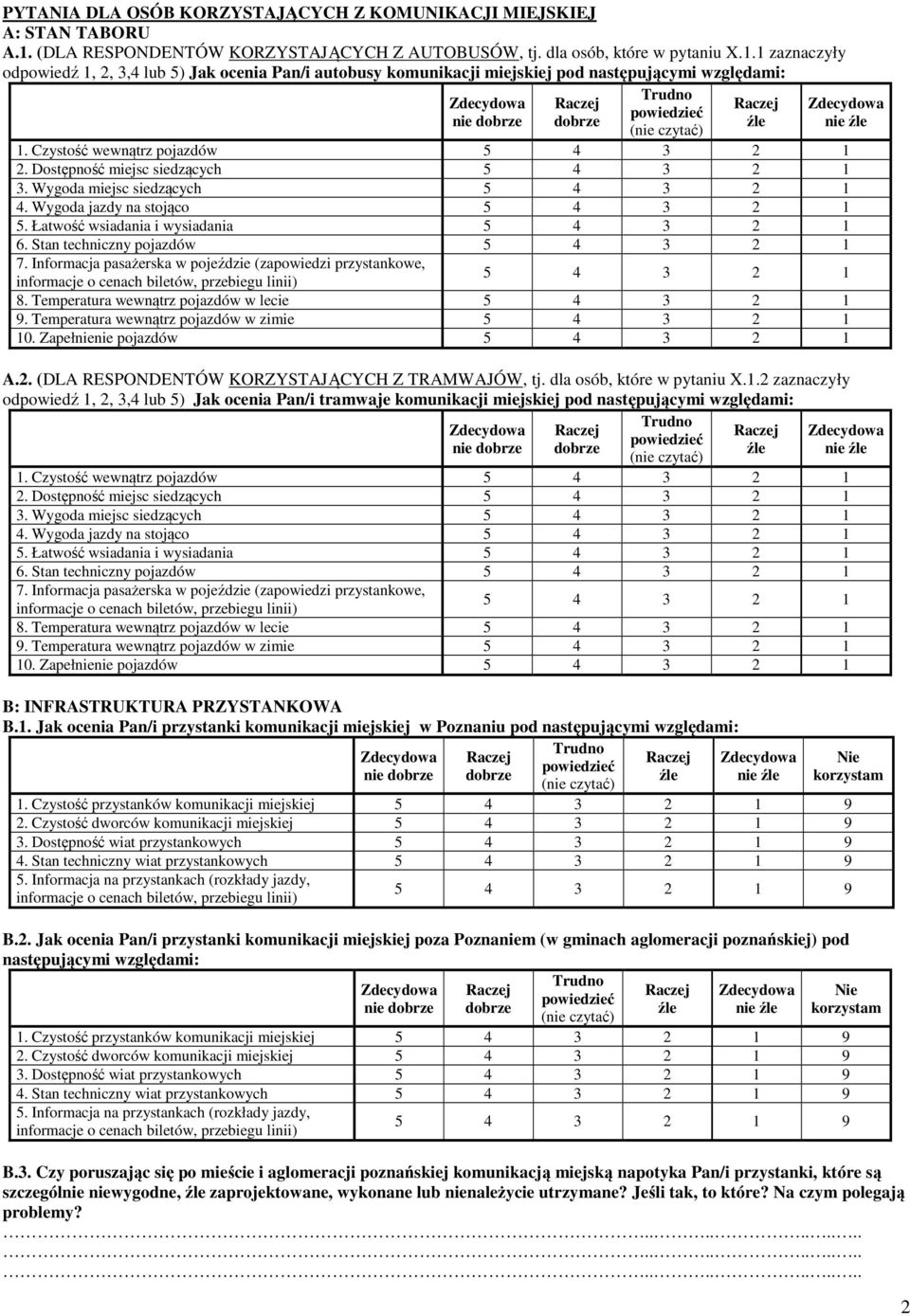 1 zaznaczyły odpowiedź 1, 2, 3,4 lub 5) Jak ocenia Pan/i autobusy komunikacji miejskiej pod następującymi względami: nie dobrze dobrze źle 1. Czystość wewnątrz pojazdów 2.