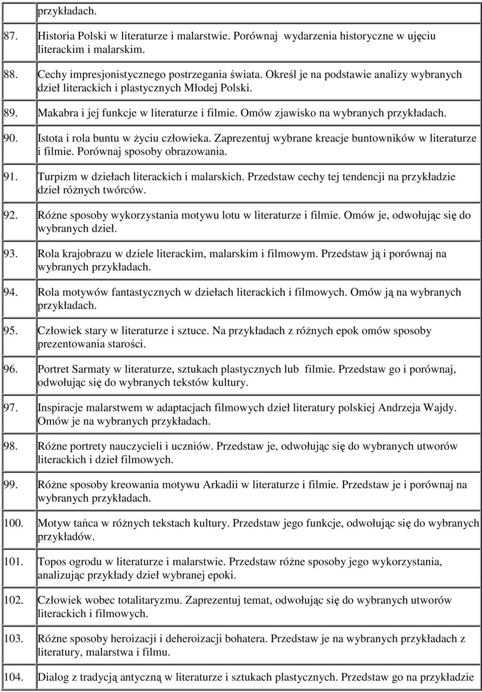 Istota i rola buntu w życiu człowieka. Zaprezentuj wybrane kreacje buntowników w literaturze i filmie. Porównaj sposoby obrazowania. 91. Turpizm w dziełach literackich i malarskich.