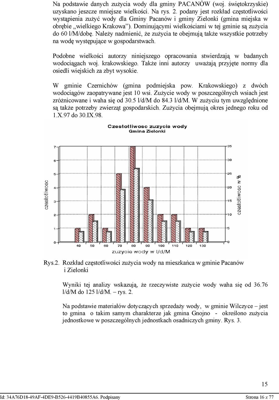 Dominującymi wielkościami w tej gminie są zużycia do 60 l/m/dobę. Należy nadmienić, że zużycia te obejmują także wszystkie potrzeby na wodę występujące w gospodarstwach.