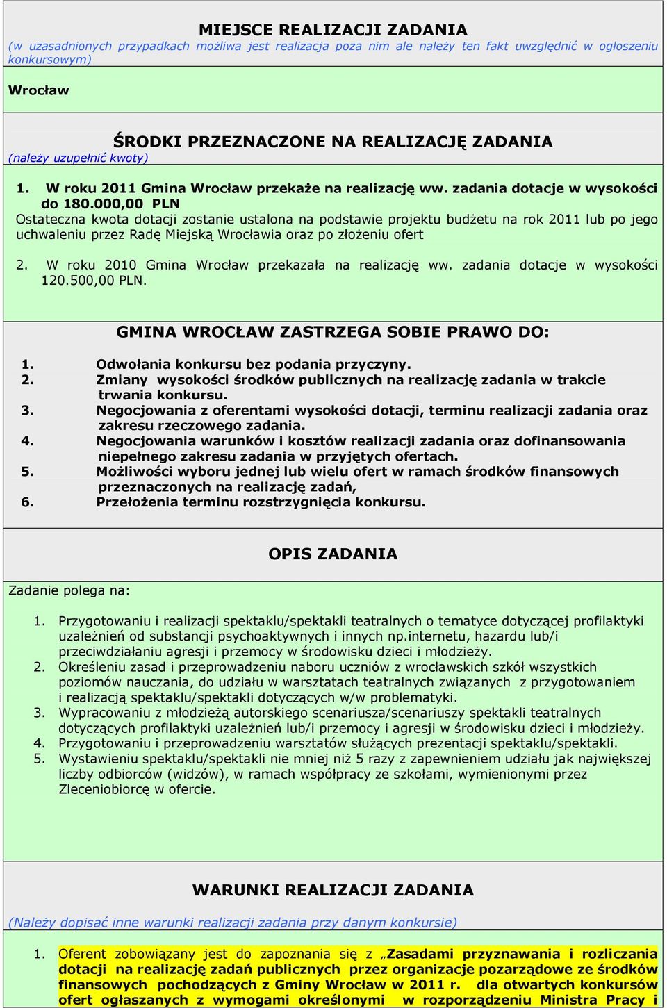 000,00 PLN Ostateczna kwota dotacji zostanie ustalona na podstawie projektu budŝetu na rok 2011 lub po jego uchwaleniu przez Radę Miejską Wrocławia oraz po złoŝeniu ofert 2.