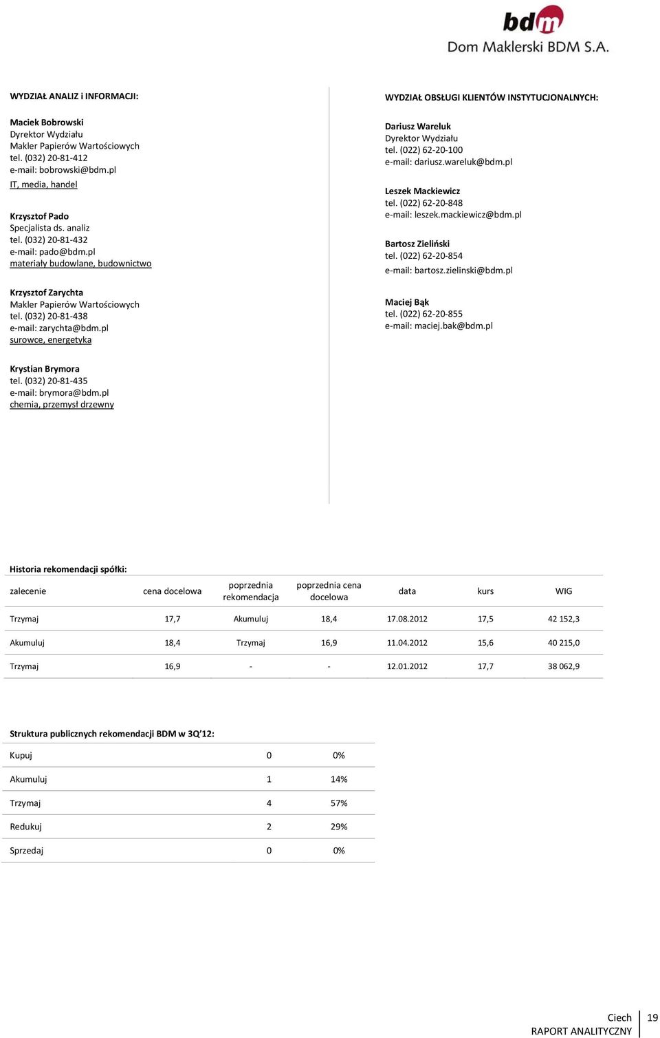 pl surowce, energetyka WYDZIAŁ OBSŁUGI KLIENTÓW INSTYTUCJONALNYCH: Dariusz Wareluk Dyrektor Wydziału tel. (022) 62 20 100 e mail: dariusz.wareluk@bdm.pl Leszek Mackiewicz tel.