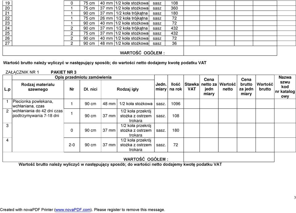 następujący sposób; do wartości dodajemy kwotę podatku ZAŁĄCZNIK NR PAKIET NR 3 L.p 2 3 4 szewnego Nr Dł.