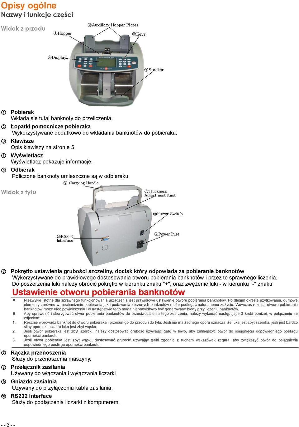 5 Odbierak Policzone banknoty umieszczne są w odbieraku Widok z tyłu 6 Pokrętło ustawienia grubości szczeliny, docisk który odpowiada za pobieranie banknotów Wykorzystywane do prawidłowego