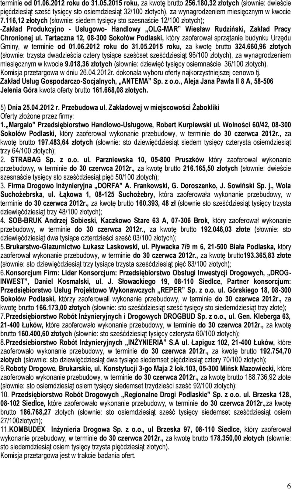 116,12 złotych (słownie: siedem tysięcy sto szesnaście 12/100 złotych); -Zakład Produkcyjno - Usługowo- Handlowy OLG-MAR Wiesław Rudziński, Zakład Pracy Chronionej ul.