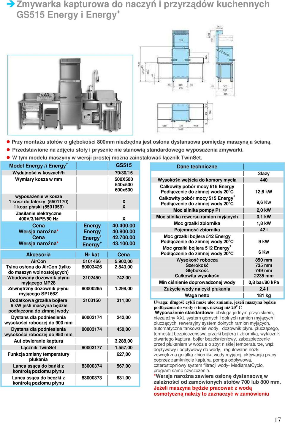 Model Energy /i Energy GS515 Dane techniczne Wydajność w koszach/h 70/30/15 Wymiary kosza w mm 500500 540x500 600x500 wyposaŝenie w kosze 1 kosz do talerzy (5501170) 1 kosz płaski (5501059) Zasilanie