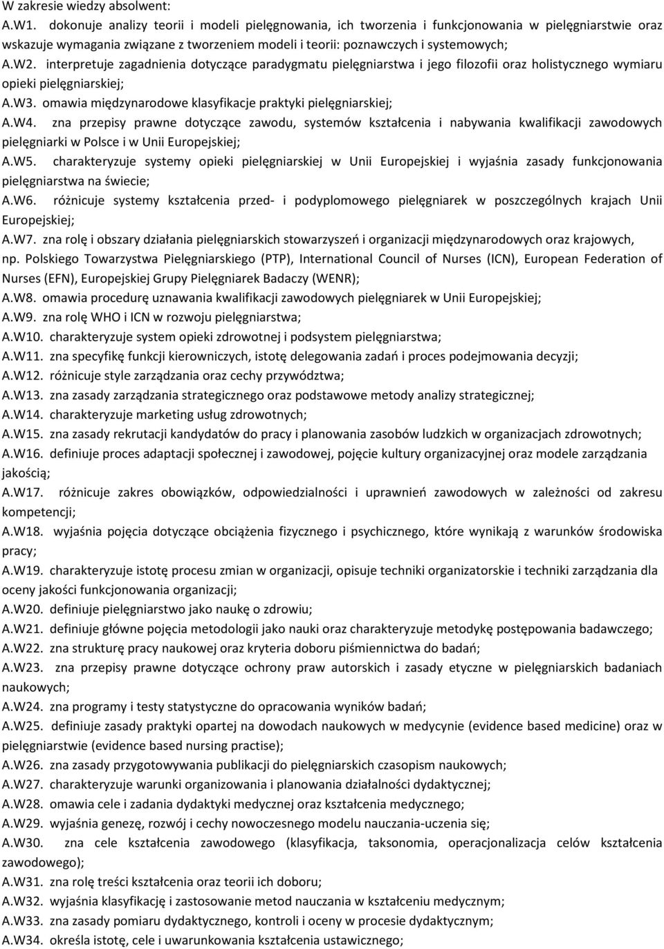 interpretuje zagadnienia dotyczące paradygmatu pielęgniarstwa i jego filozofii oraz holistycznego wymiaru opieki pielęgniarskiej; A.W3. omawia międzynarodowe klasyfikacje praktyki pielęgniarskiej; A.