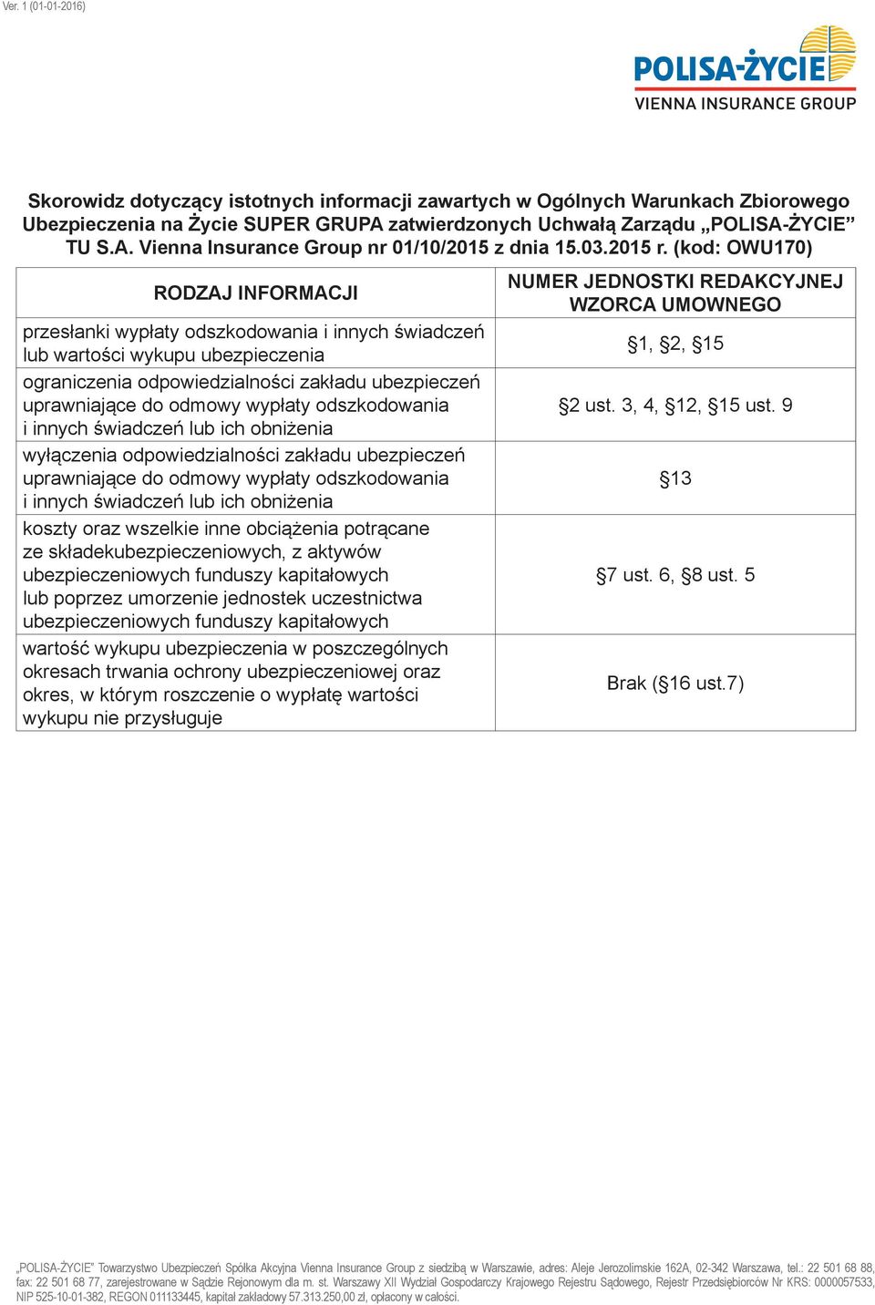 (kod: owu70) RODZAJ INFORMACJI przesłanki wypłaty odszkodowania i innych świadczeń lub wartości wykupu ubezpieczenia ograniczenia odpowiedzialności zakładu ubezpieczeń uprawniające do odmowy wypłaty
