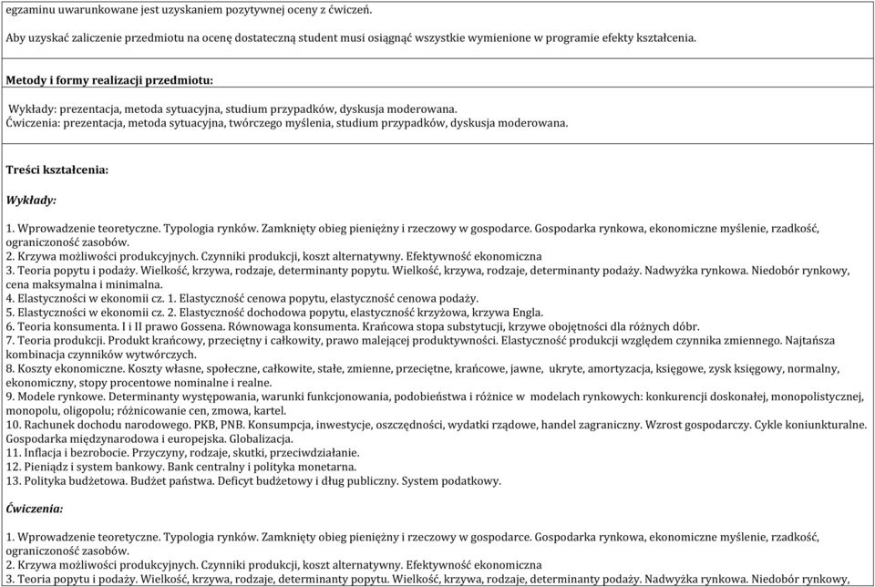 Ćwiczenia: prezentacja, metoda sytuacyjna, twórczego myślenia, studium przypadków, dyskusja moderowana. Treści kształcenia: Wykłady: 1. Wprowadzenie teoretyczne. Typologia rynków.