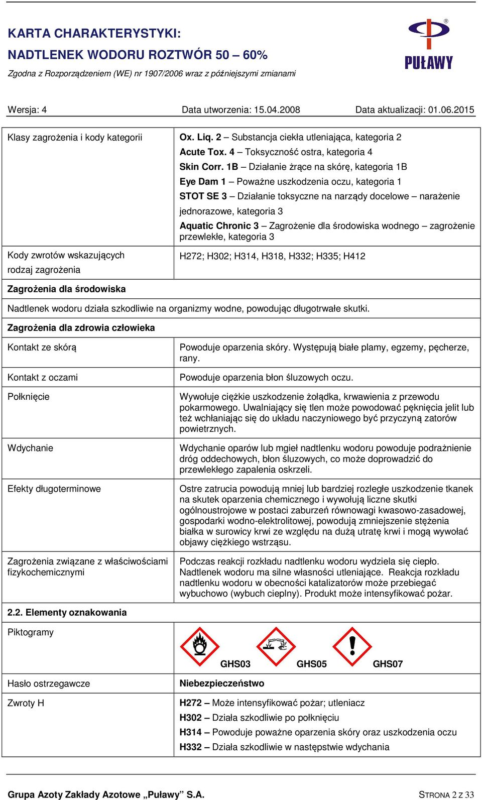 1B Działanie żrące na skórę, kategoria 1B Eye Dam 1 Poważne uszkodzenia oczu, kategoria 1 STOT SE 3 Działanie toksyczne na narządy docelowe narażenie jednorazowe, kategoria 3 Aquatic Chronic 3