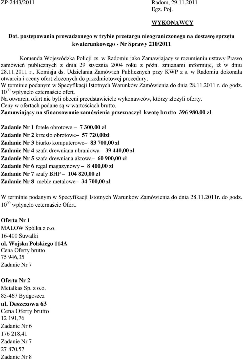 w Radomiu jako Zamawiający w rozumieniu ustawy Prawo zamówień publicznych z dnia 29 stycznia 2004 roku z późn. zmianami informuje, iż w dniu 28.11.2011 r.. Komisja ds.