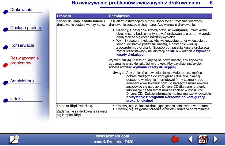 Przez krótki okres można będzie kontynuować drukowanie, a potem wydruki będą stawać się coraz bardziej wyblakłe. Wyjmij kasetę drukującą.