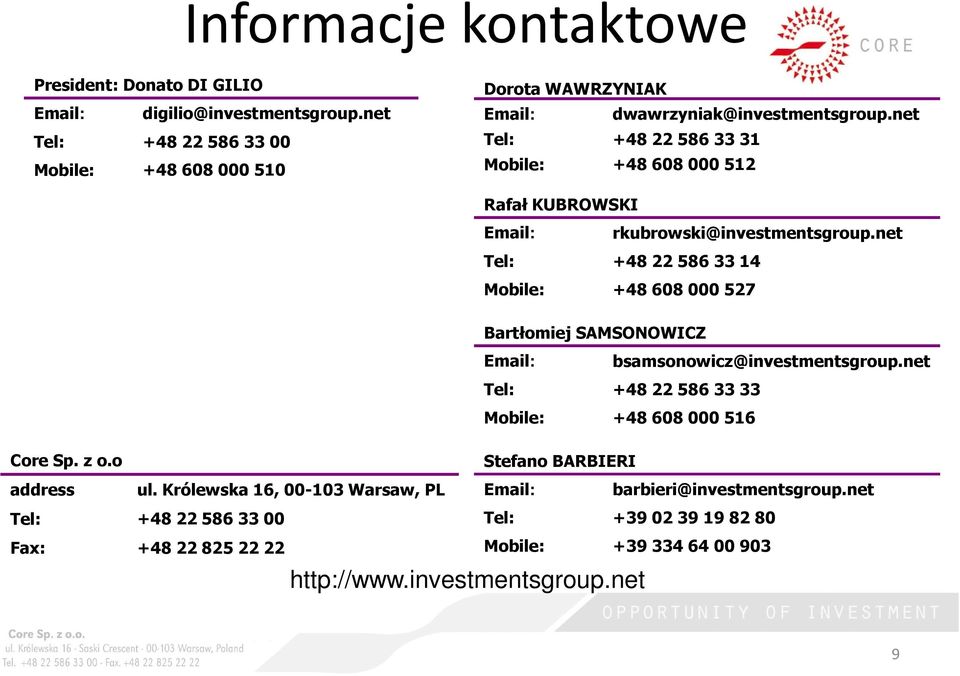 net +48 22 586 33 31 Mobile: +48 608 000 512 Rafał KUBROWSKI Email: rkubrowski@investmentsgroup.