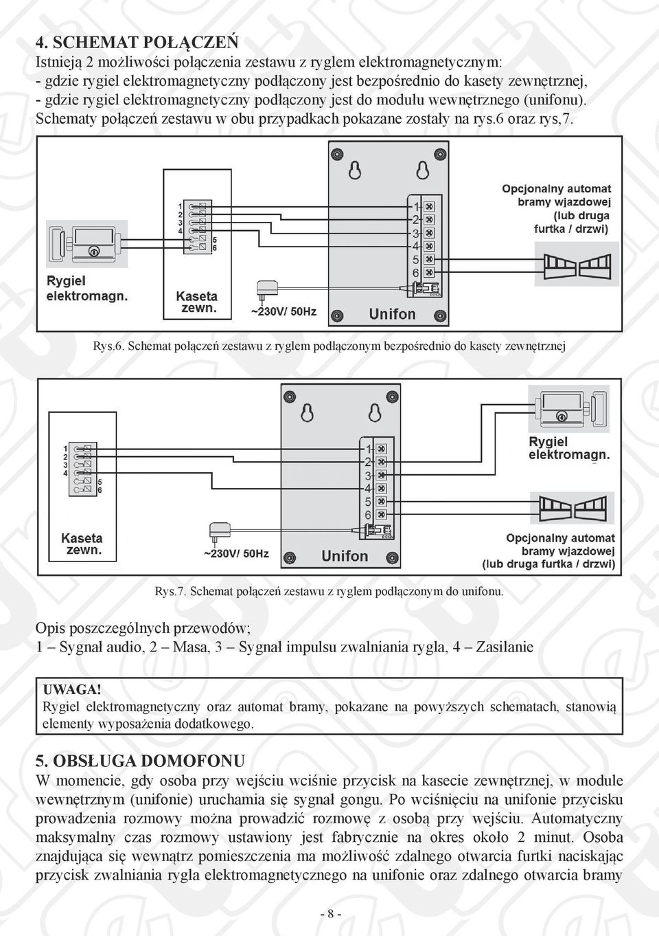 oraz rys,7. Rys.6. Schemat połączeń zestawu z ryglem podłączonym bezpośrednio do kasety zewnętrznej Rys.7. Schemat połączeń zestawu z ryglem podłączonym do unifonu.