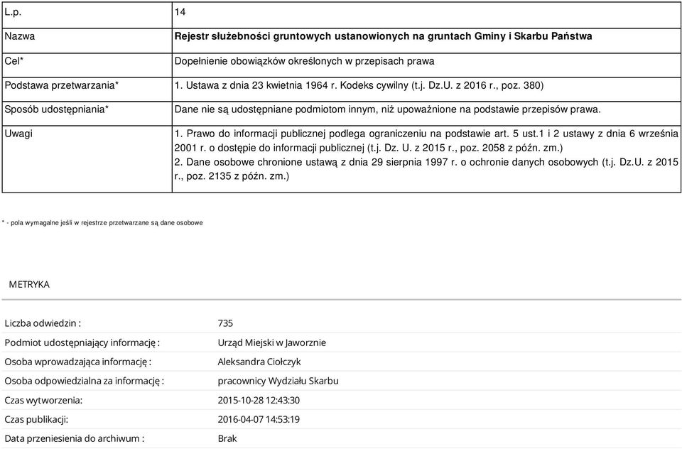 * - pola wymagalne jeśli w rejestrze przetwarzane są dane osobowe METRYKA Liczba odwiedzin : 735 Podmiot udostępniający informację : Osoba