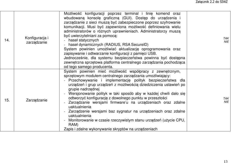 Administratorzy muszą być uwierzytelniani za pomocą: - haseł statycznych - haseł dynamicznych (RADIUS, RSA SecureID) System powinien umożliwiać aktualizację oprogramowania oraz zapisywanie i