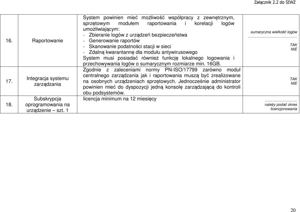 Skanowanie podatności stacji w sieci - Zdalną kwarantannę dla modułu antywirusowego System musi posiadać również funkcję lokalnego logowania i przechowywania logów o sumarycznym rozmiarze min. 16GB.