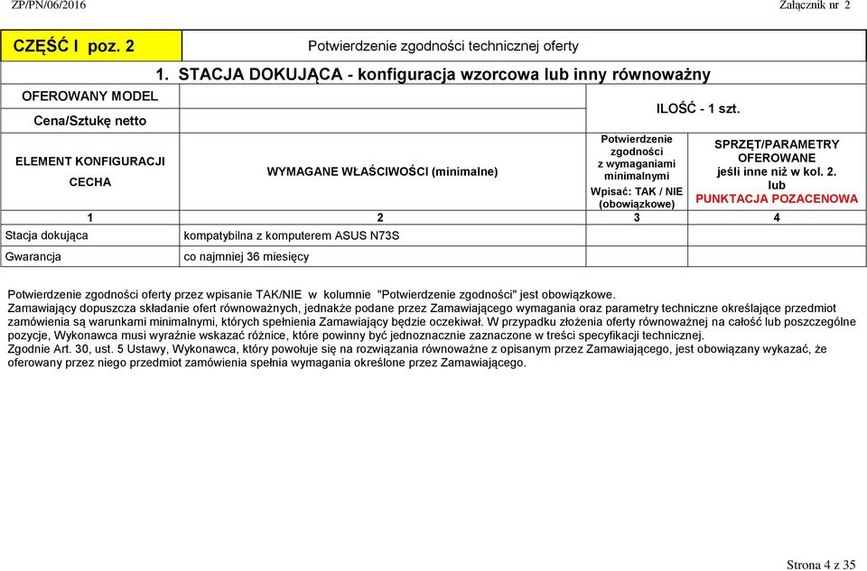 lub PUNKTACJA POZACENOWA ELEMENT KONFIGURACJI WYMAGANE WŁAŚCIWOŚCI (minimalne) CECHA Wpisać: TAK / NIE (obowiązkowe) 1 2 3 4 Stacja dokująca Gwarancja kompatybilna z komputerem ASUS N73S co najmniej