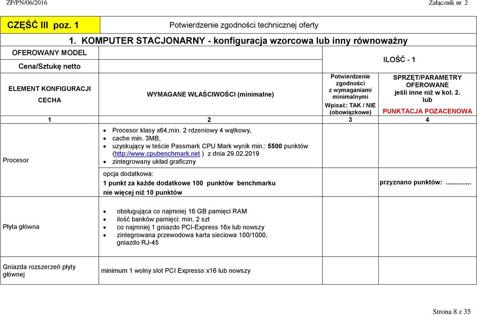 inne niż w kol. 2. minimalnymi CECHA lub Wpisać: TAK / NIE (obowiązkowe) PUNKTACJA POZACENOWA 1 2 3 4 Procesor Procesor klasy x64,min. 2 rdzeniowy 4 wątkowy, cache min.