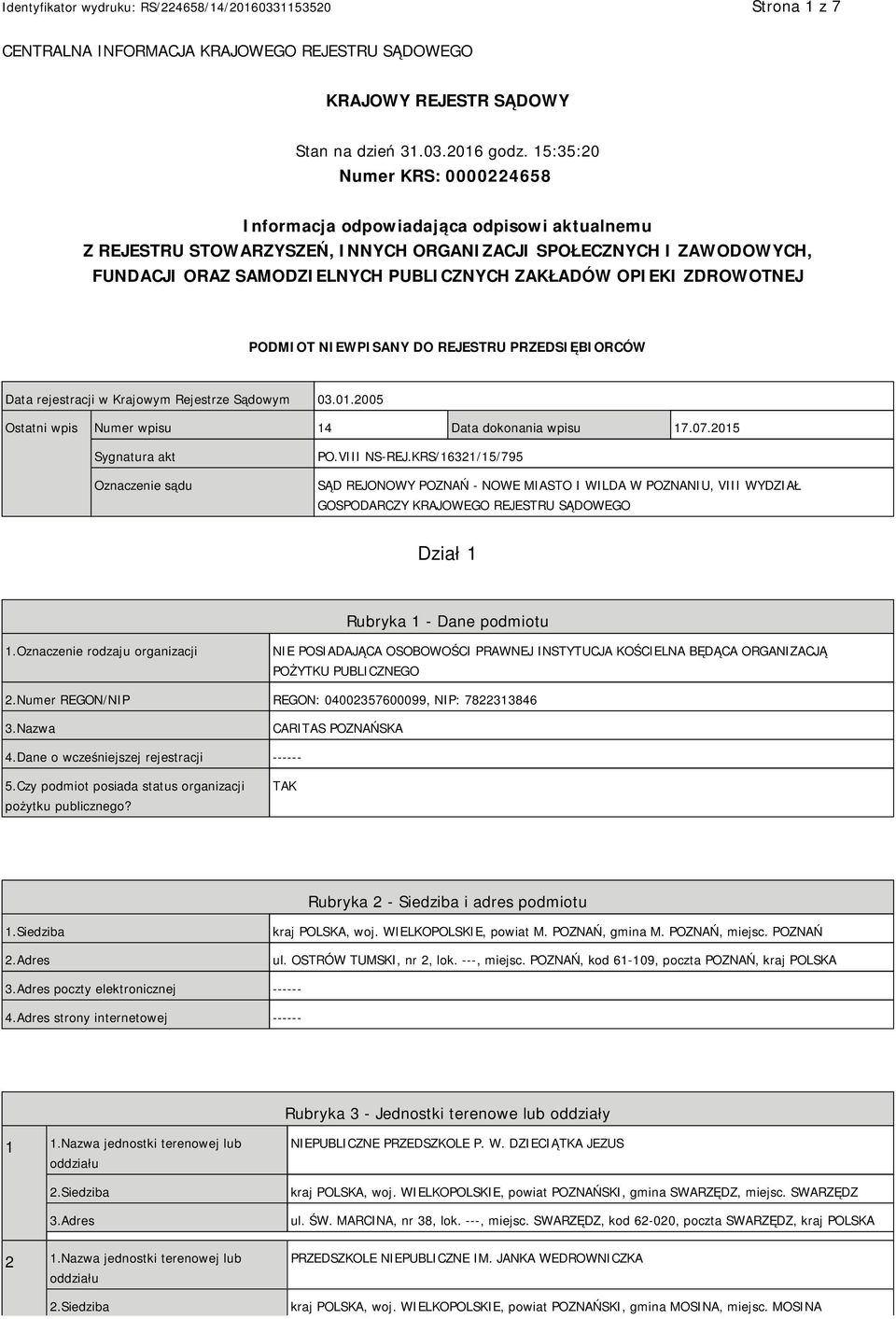 OPIEKI ZDROWOTNEJ PODMIOT NIEWPISANY DO REJESTRU PRZEDSIĘBIORCÓW Data rejestracji w Krajowym Rejestrze Sądowym 03.01.2005 Ostatni wpis Numer wpisu 14 Data dokonania wpisu 17.07.