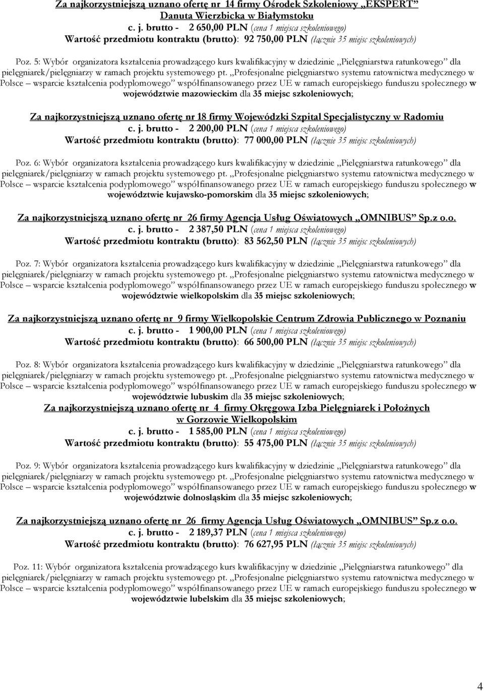 5: Wybór organizatora kształcenia prowadzącego kurs kwalifikacyjny w dziedzinie Pielęgniarstwa ratunkowego dla województwie mazowieckim dla 35 miejsc szkoleniowych; Za najkorzystniejszą uznano ofertę
