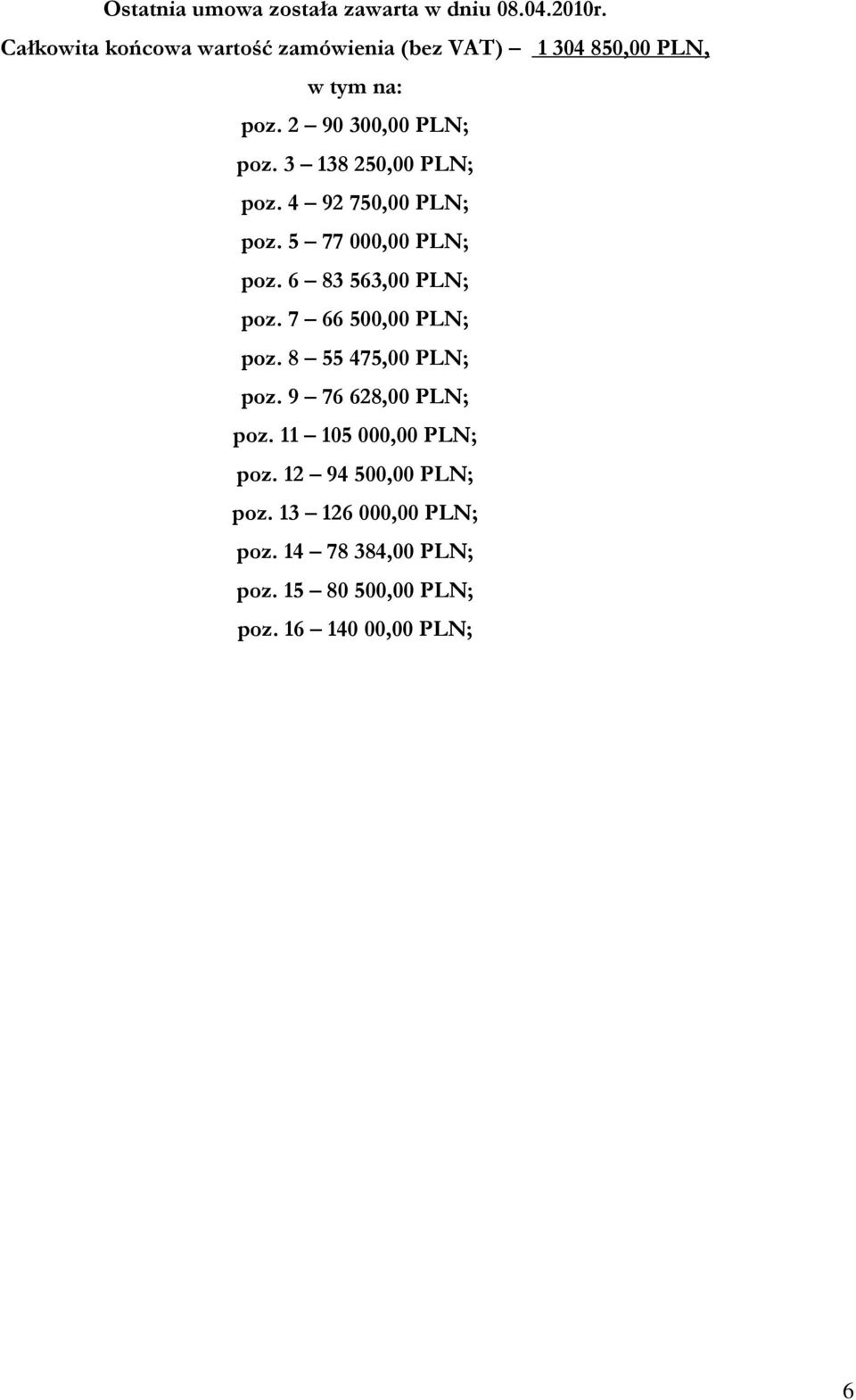 3 138 250,00 PLN; poz. 4 92 750,00 PLN; poz. 5 77 000,00 PLN; poz. 6 83 563,00 PLN; poz. 7 66 500,00 PLN; poz.